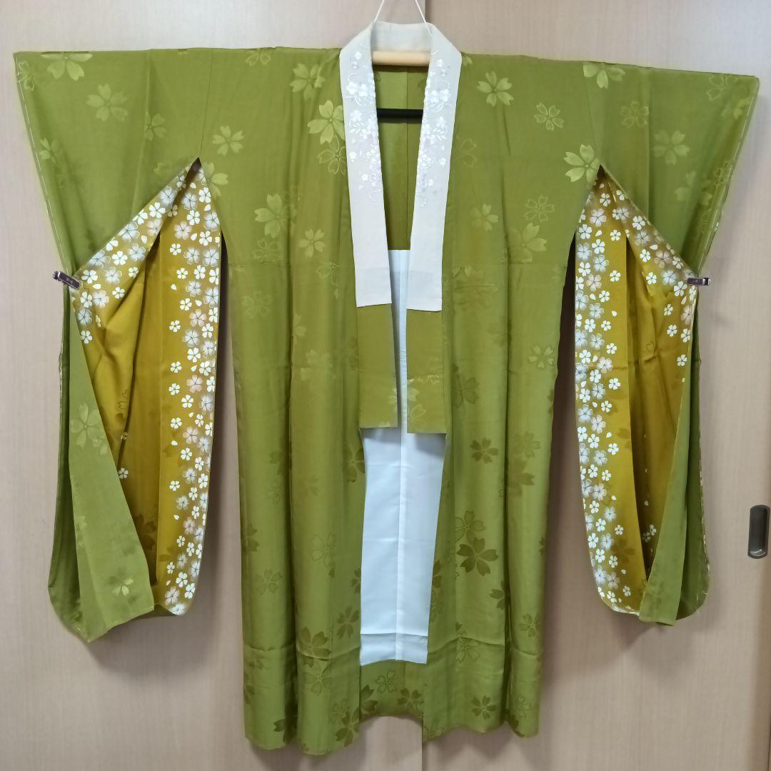 振襦006　振袖用長襦袢　正絹　七宝枝花地紋　緑系　正絹　未使用