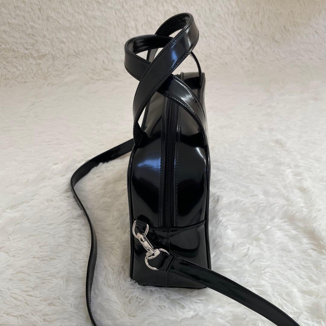 GUCCI ショルダーバッグ エナメル インターロッキングG ブラック 2way