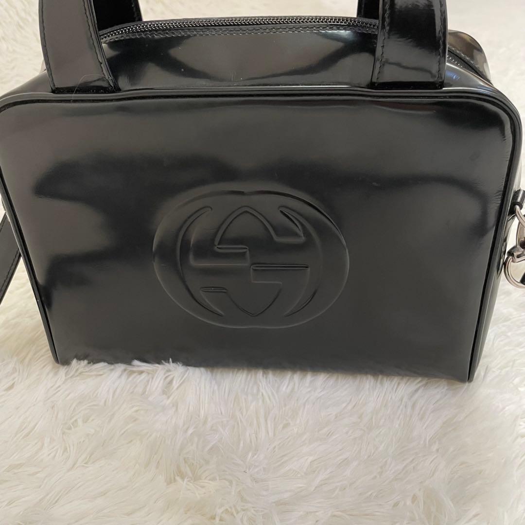 GUCCI ショルダーバッグ エナメル インターロッキングG ブラック 2way