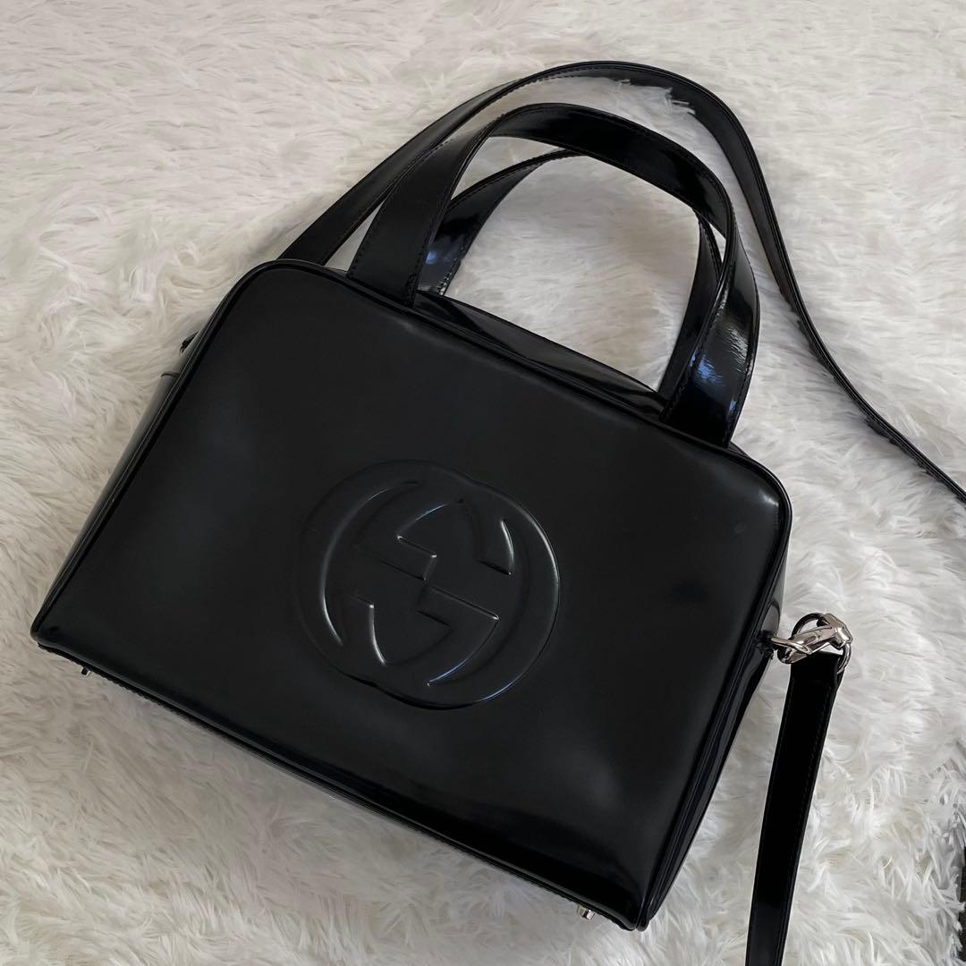GUCCI ショルダーバッグ エナメル インターロッキングG ブラック 2way