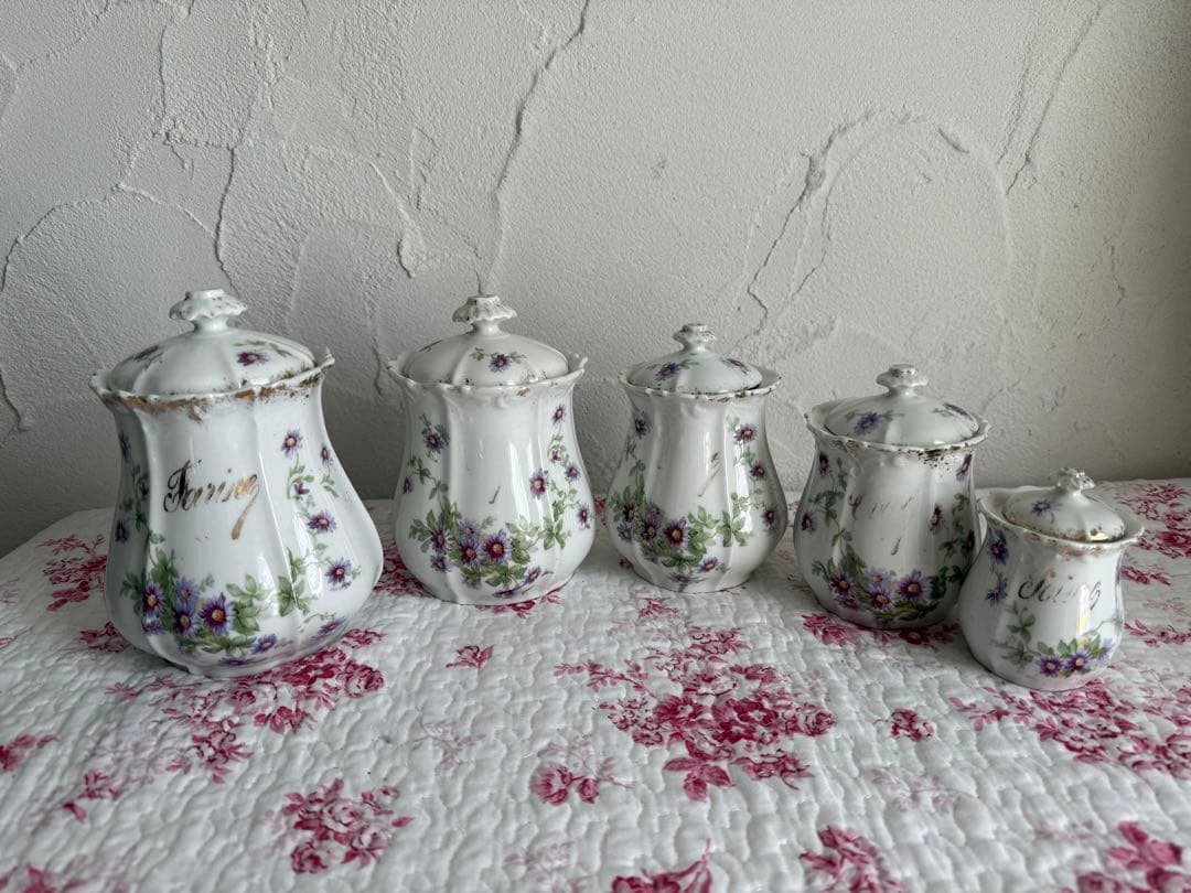 フランスアンティーク　陶器のキャニスター5個セット