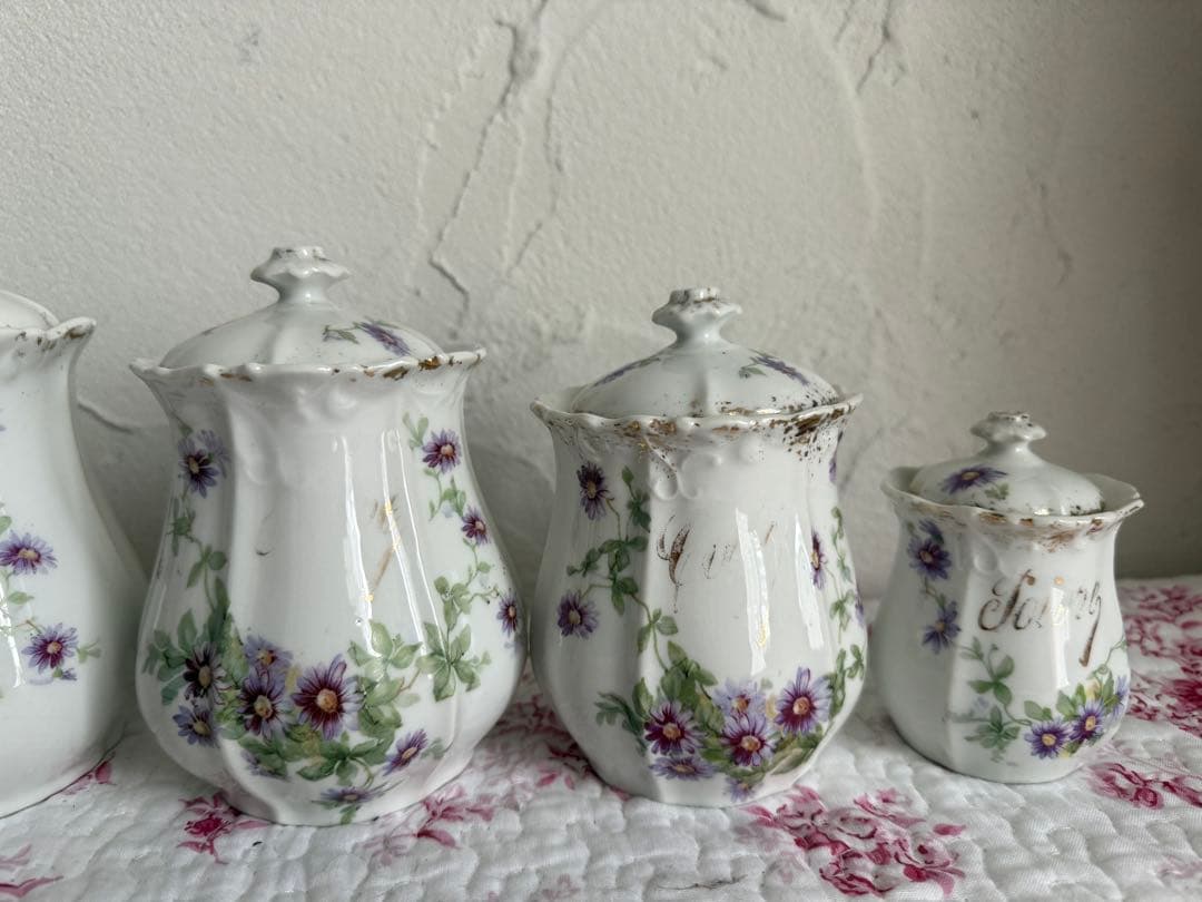 フランスアンティーク　陶器のキャニスター5個セット