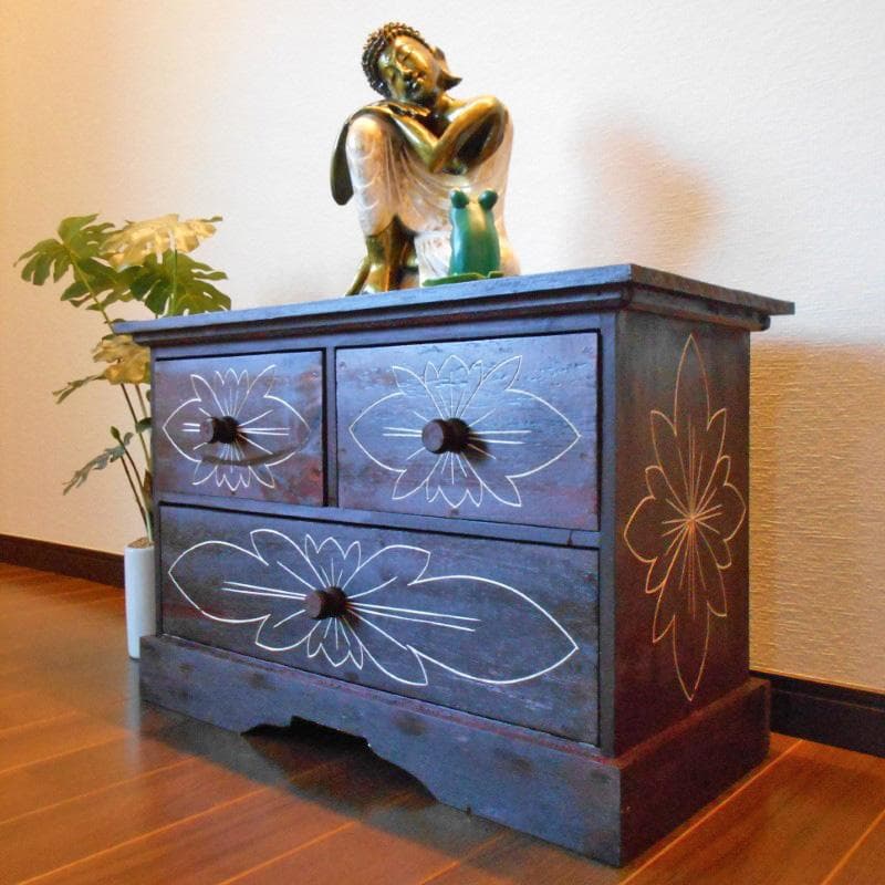 花柄模様 チェスト アジアン家具 バリ家具 収納家具 完成品家具 アンティーク風