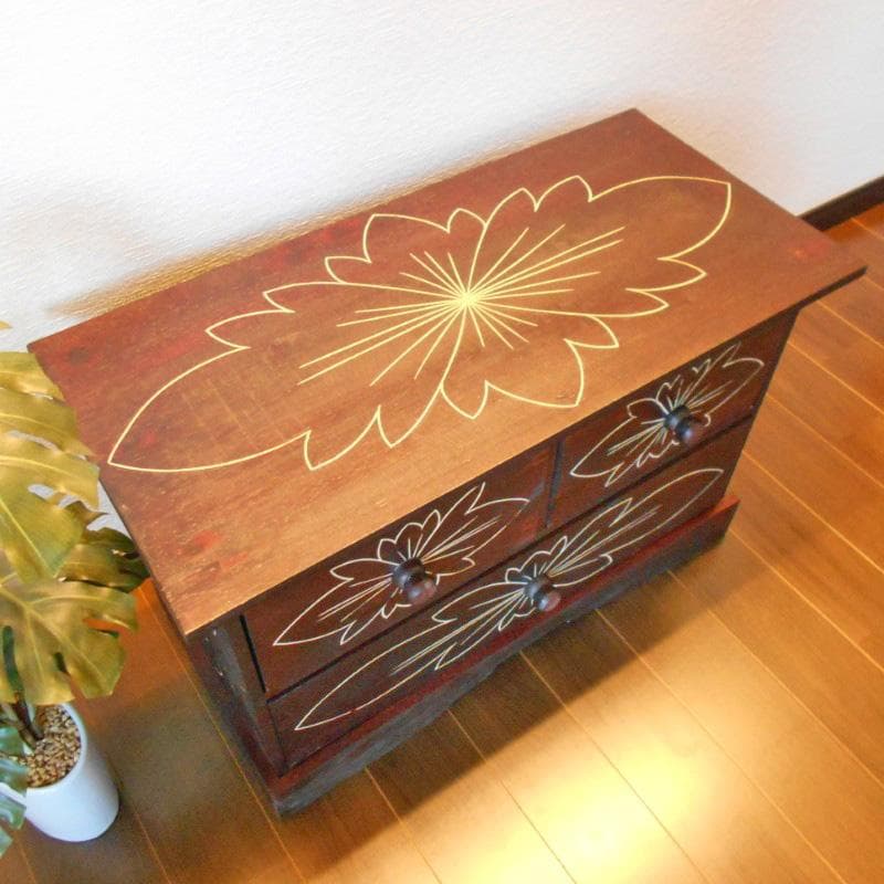 花柄模様 チェスト アジアン家具 バリ家具 収納家具 完成品家具 アンティーク風