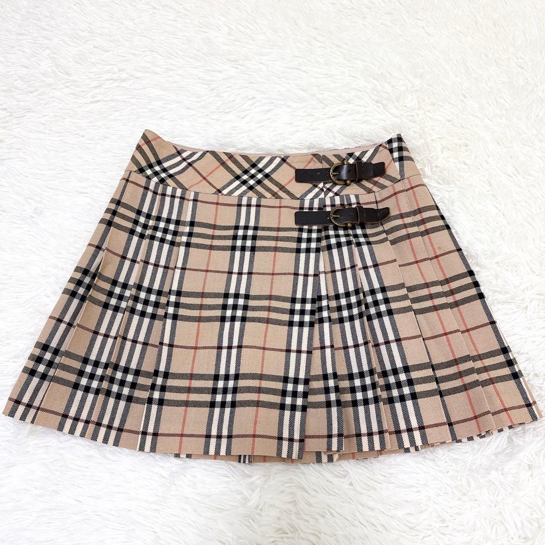 バーバリーブルーレーベル プリーツ　巻きスカート ノバチェック 革ベルト　36