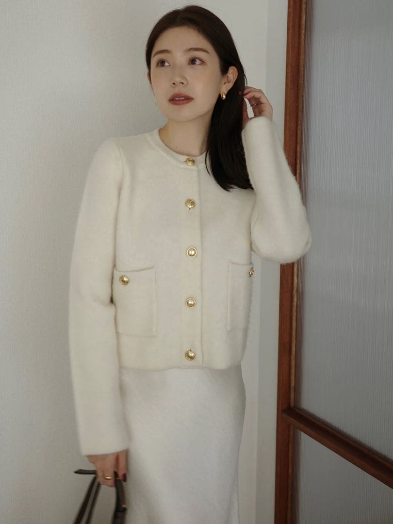 【新品】今季 anuans カシミヤブレンドノーカラーニットジャケットIVORY