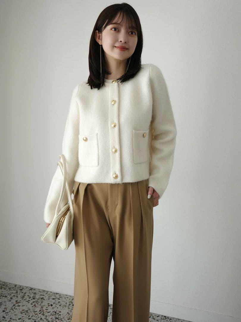 【新品】今季 anuans カシミヤブレンドノーカラーニットジャケットIVORY