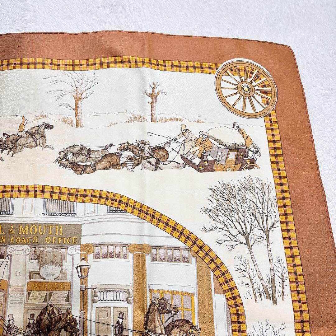 【極美品】エルメス カレ90 冬の郵便馬車 シルクスカーフ ブラウン系