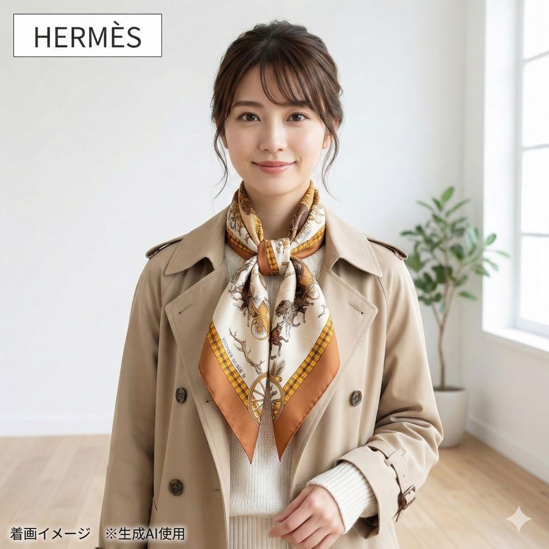 【極美品】エルメス カレ90 冬の郵便馬車 シルクスカーフ ブラウン系