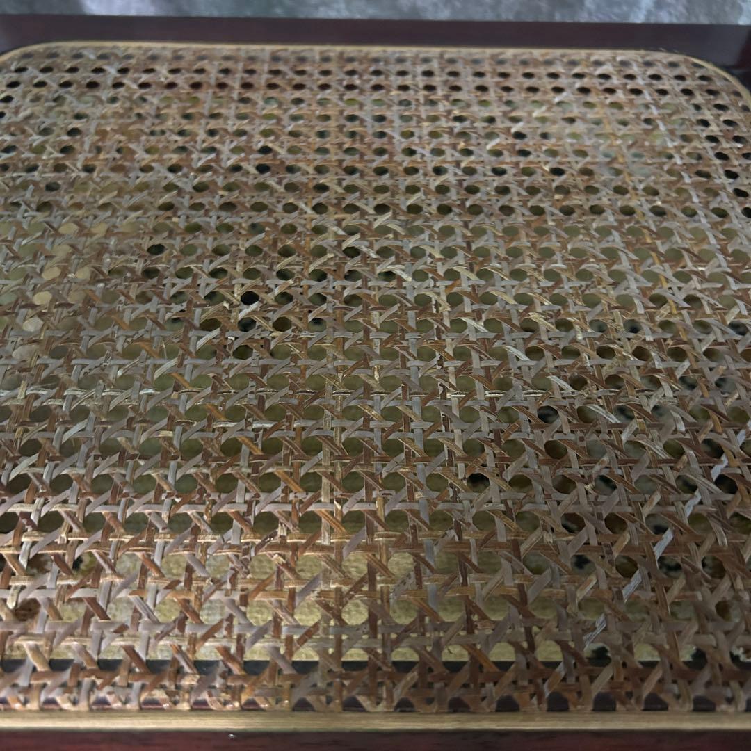 ꧁昭和レトロ꧂ラタン収納スペース付スクエアガラステーブル 机 籐 センター ロー