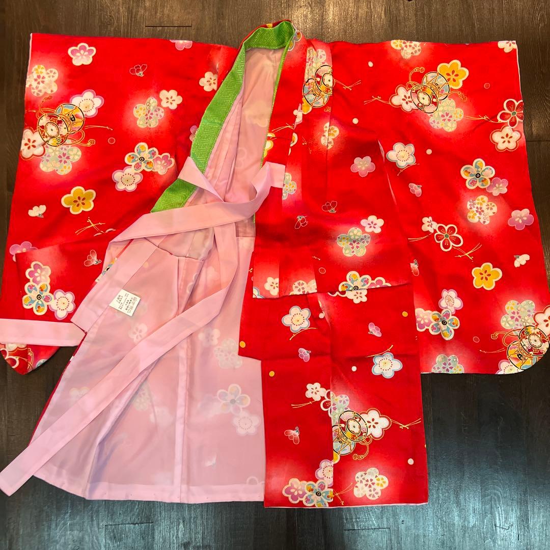 ラ*ン様 七五三 三歳 着物 被布 小物一式 フルセット 正絹 梅 鼓 肌襦袢付
