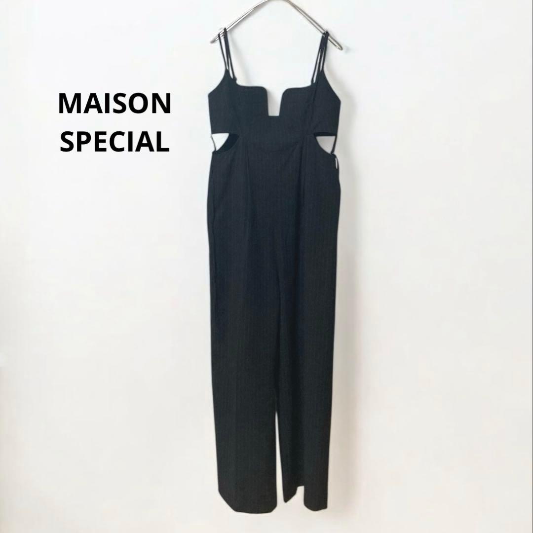 maison specialスクエアカットベアオールインワン ストライプ 黒　M