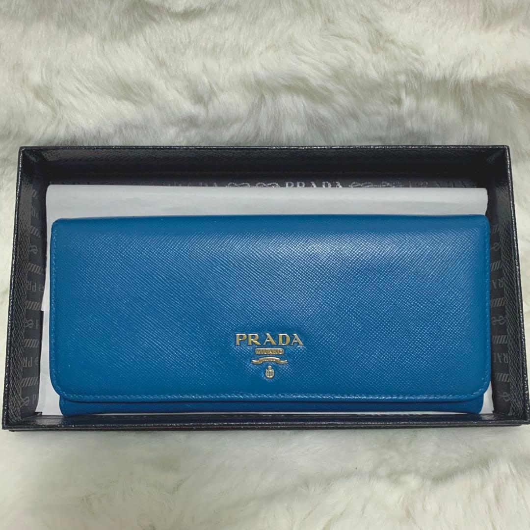 美品！PRADA サフィアーノ　メタルロゴ　ブルー系　レディース　長財布