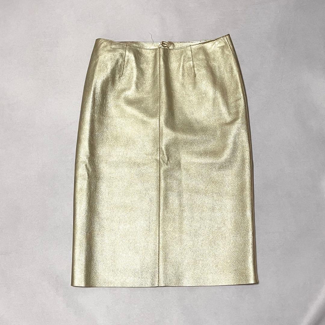 希少　Loewe ラムレザー　タイトスカート　ゴールド　派手　ナッパレザー