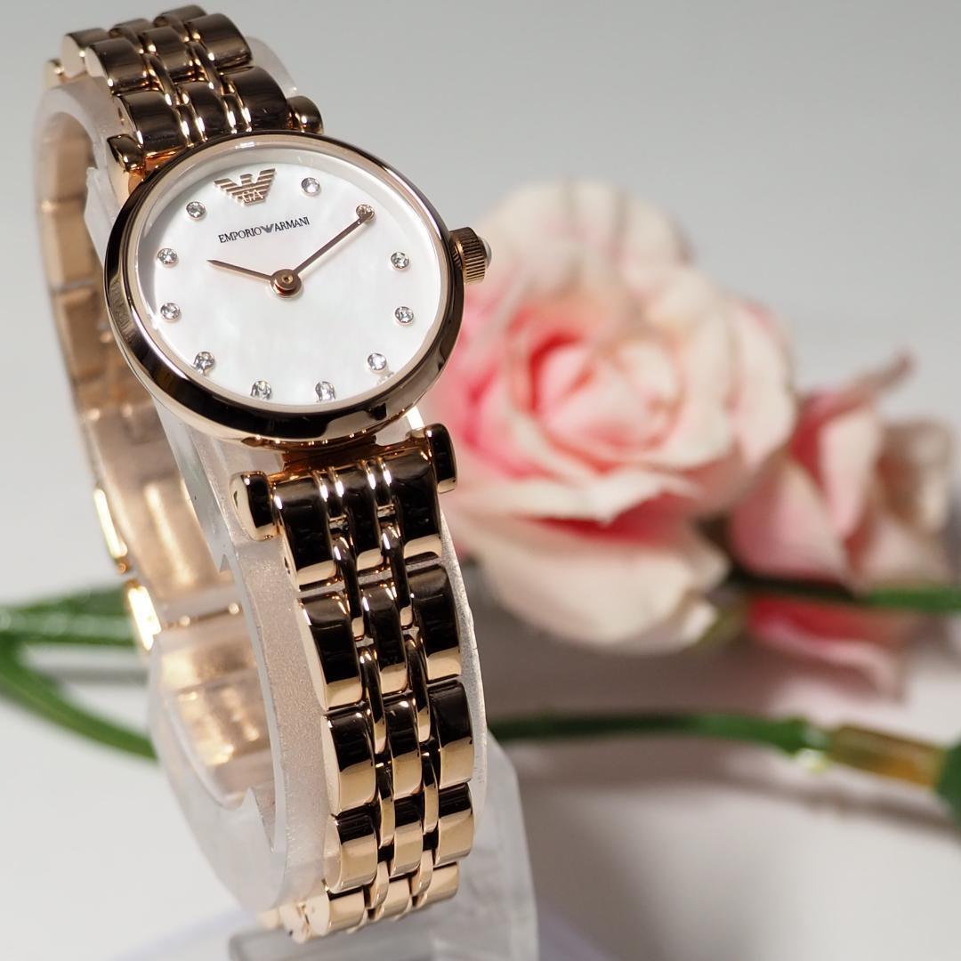 美品 アルマーニARMANI 11Pダイヤ シェル 腕時計 ゴールド F175