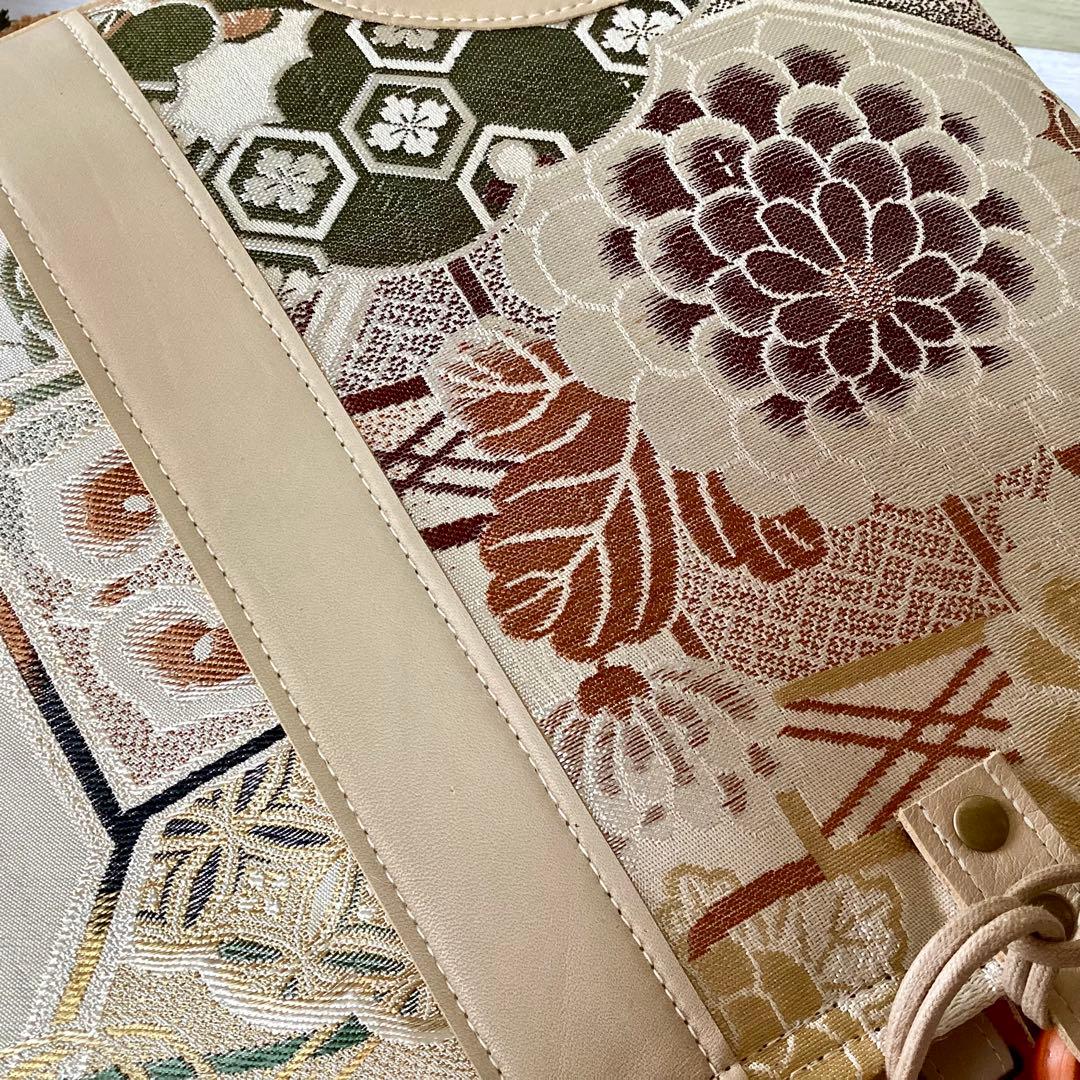 丸帯×本革 着物リメイク トートバッグ ハンドメイド 手提げ 袋帯 アンティーク