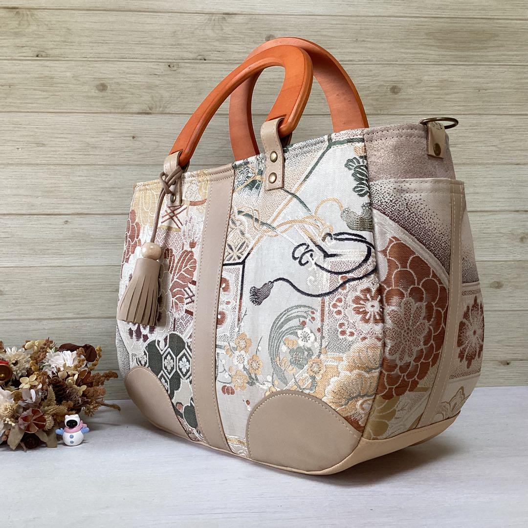 丸帯×本革 着物リメイク トートバッグ ハンドメイド 手提げ 袋帯 アンティーク