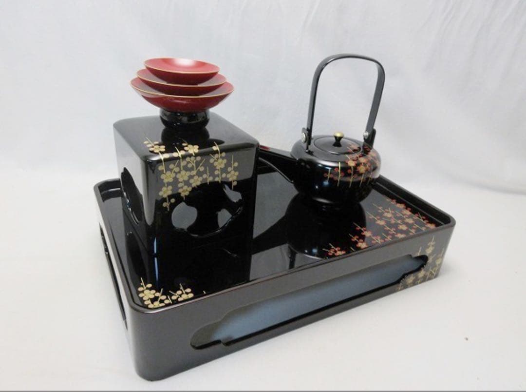 ほぼ未使用 茶道具 天然木製 本漆黒塗 会津塗 屠蘇器 立梅蒔絵 元箱