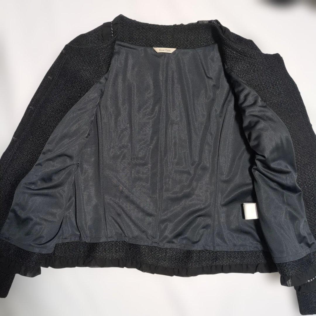 美品　ローズティアラ　大きいサイズ　フリルカラー　ツイードジャケット　黒　46