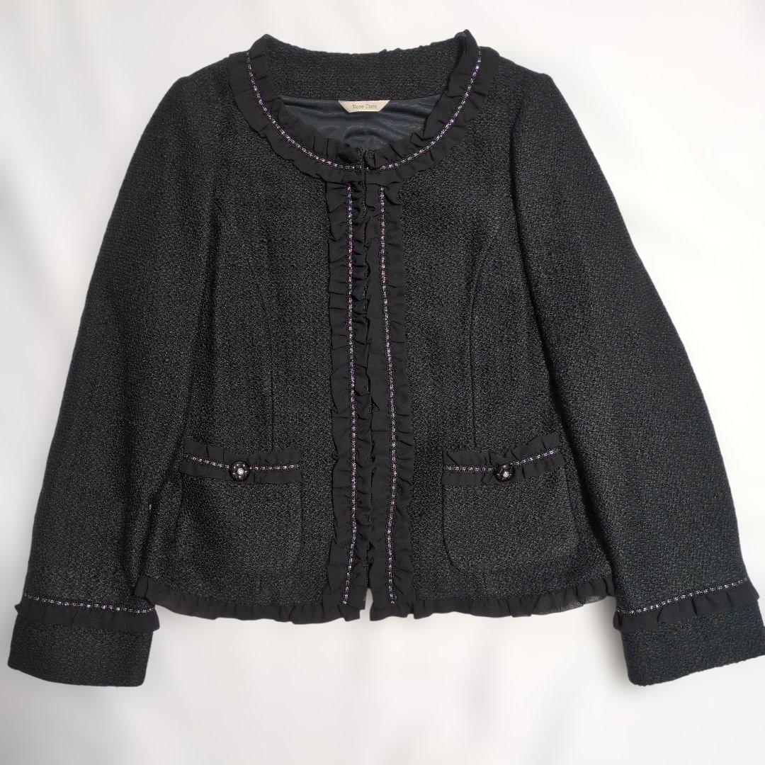 美品　ローズティアラ　大きいサイズ　フリルカラー　ツイードジャケット　黒　46