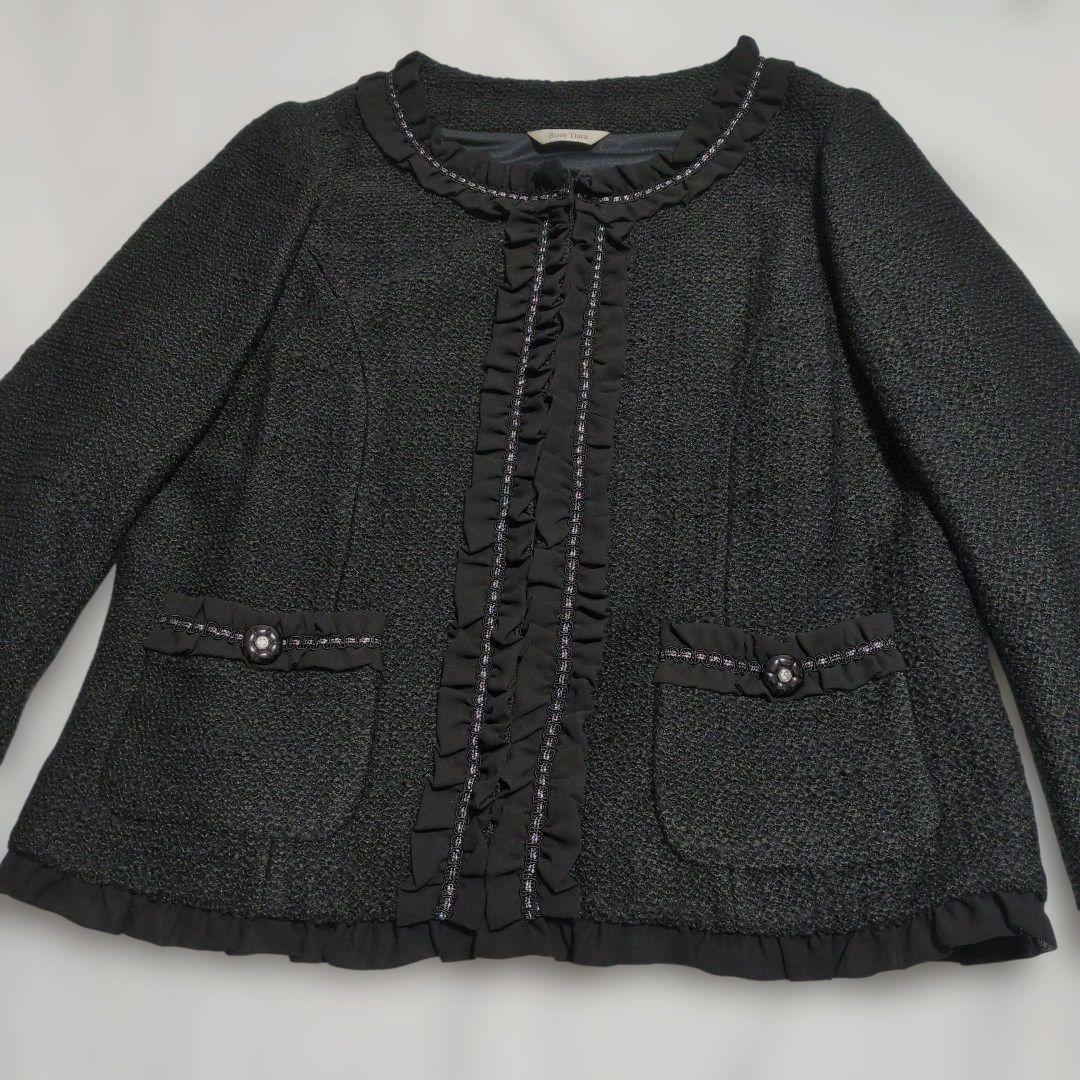 美品　ローズティアラ　大きいサイズ　フリルカラー　ツイードジャケット　黒　46