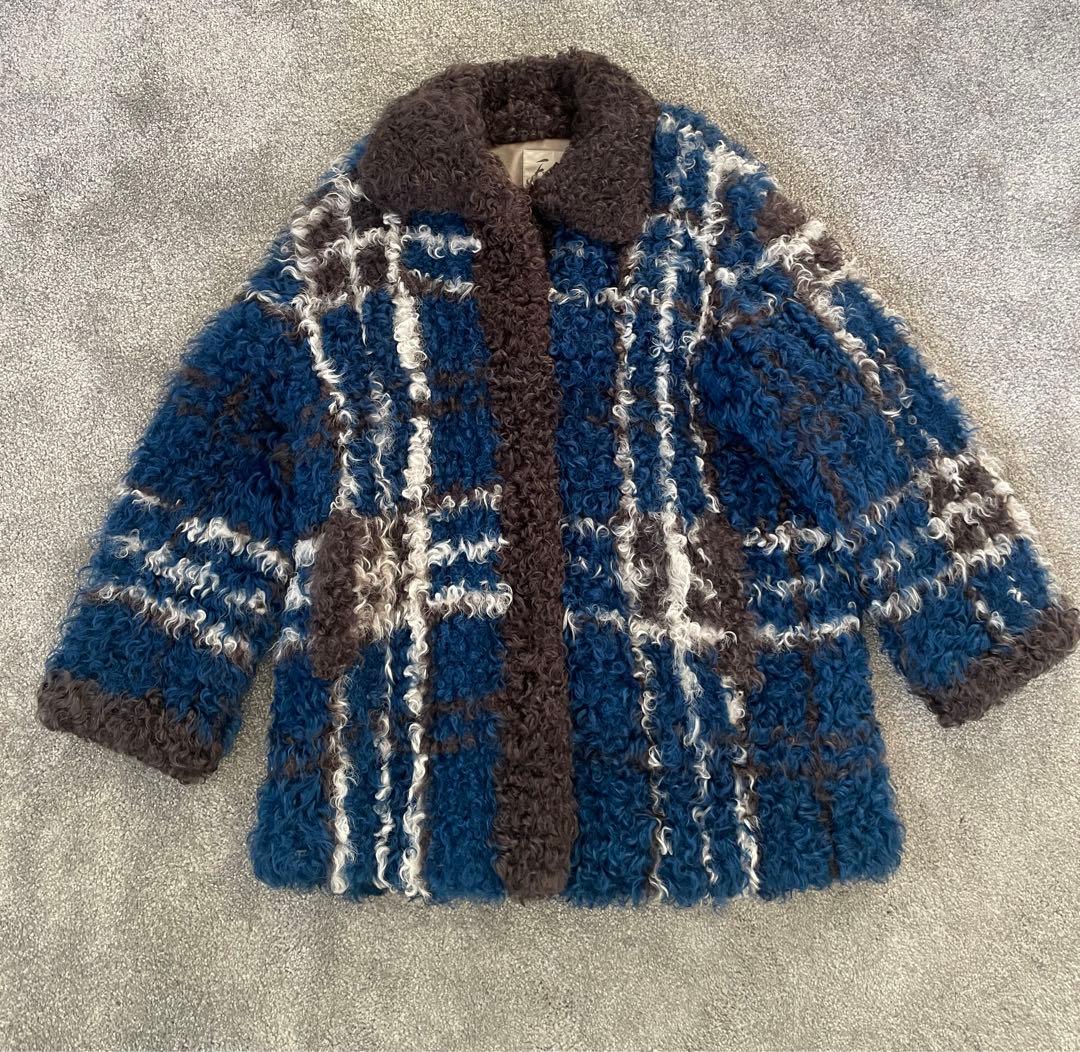 FOND × MOONBAT 高級ラムスキン編み込みムートンコート チェック柄