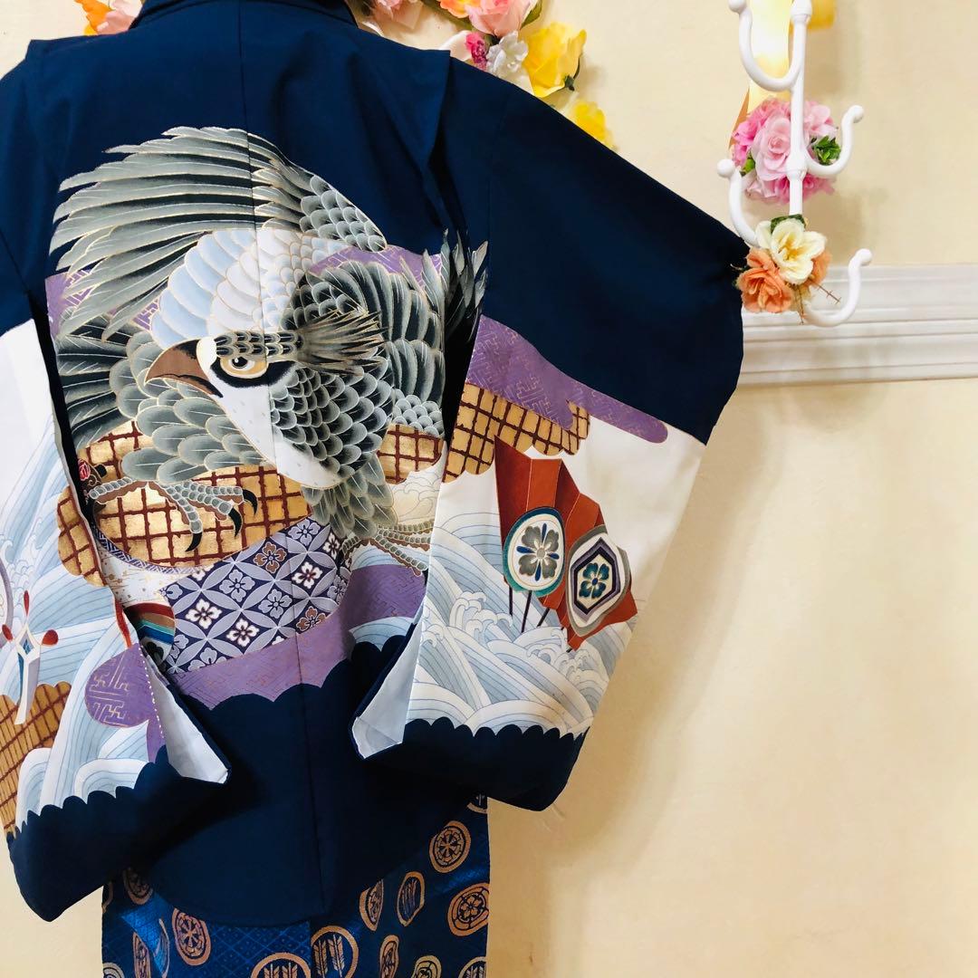 七五三５歳完全フルセット‼️豪華青系鷹金彩煌びやか⭐︎豪華金蘭刺繍袴銘品