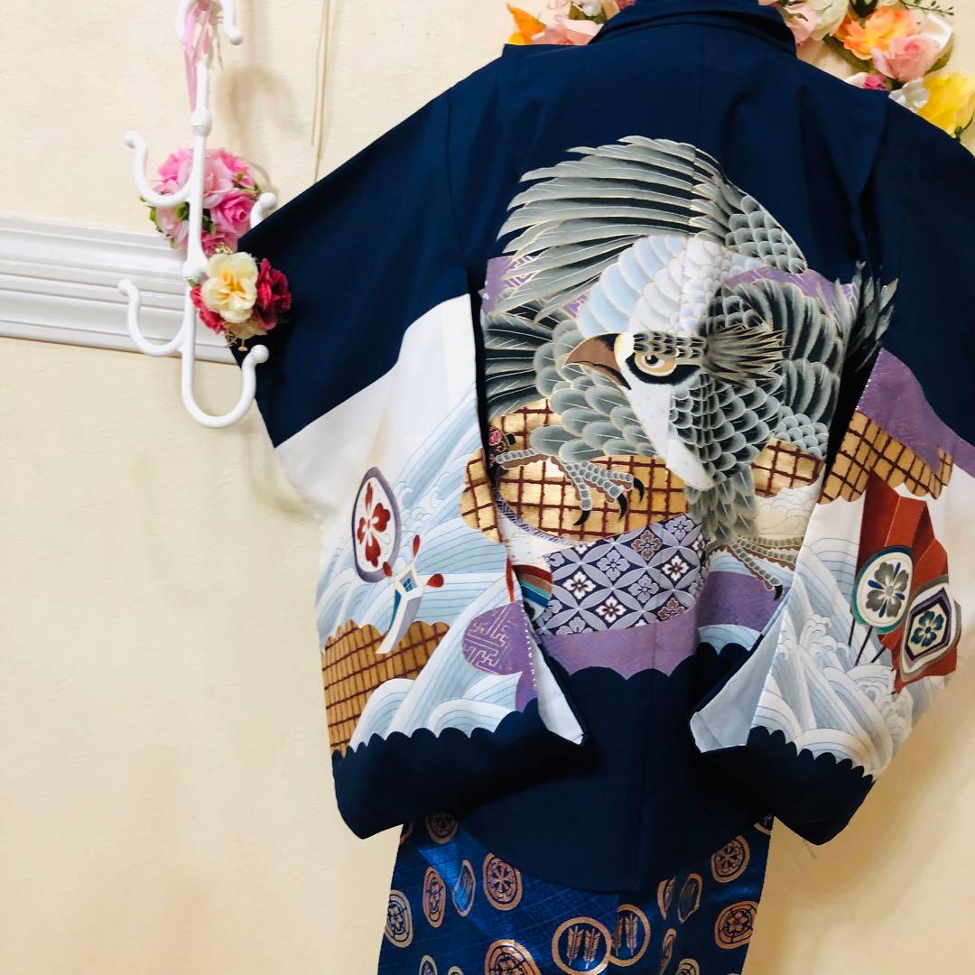 七五三５歳完全フルセット‼️豪華青系鷹金彩煌びやか⭐︎豪華金蘭刺繍袴銘品