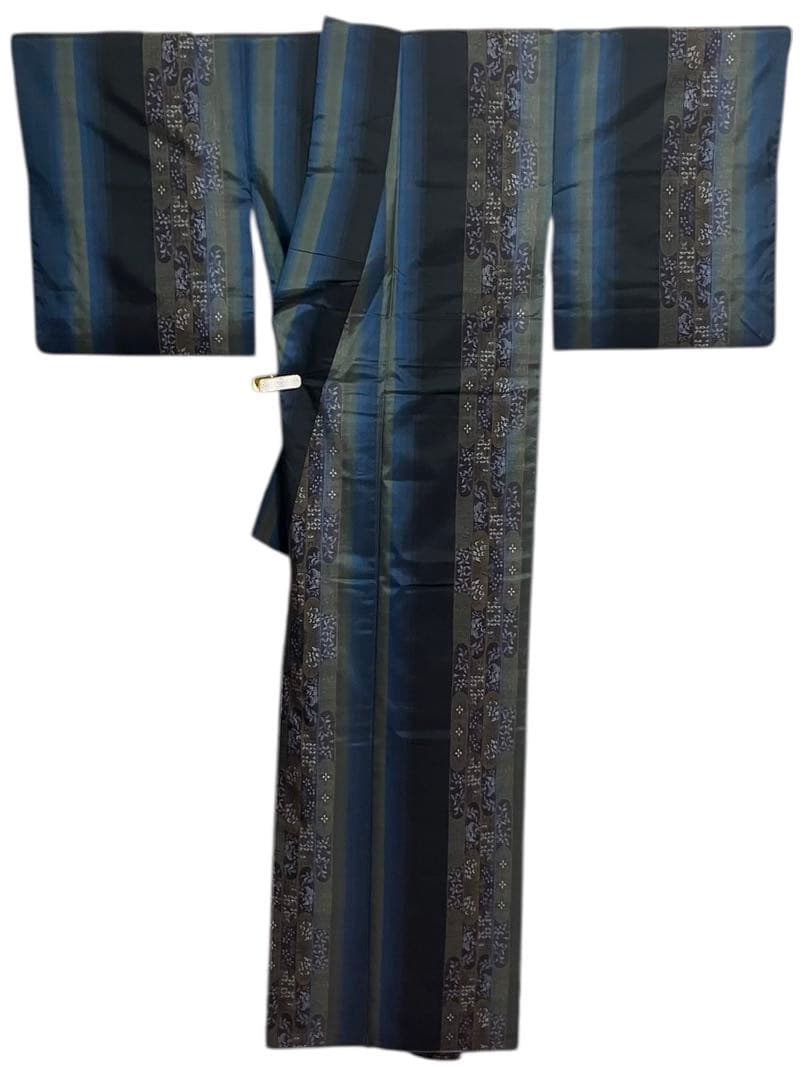 本場大島紬 経緯絣 小紋 縦縞 花文 桜 美品 イ6630