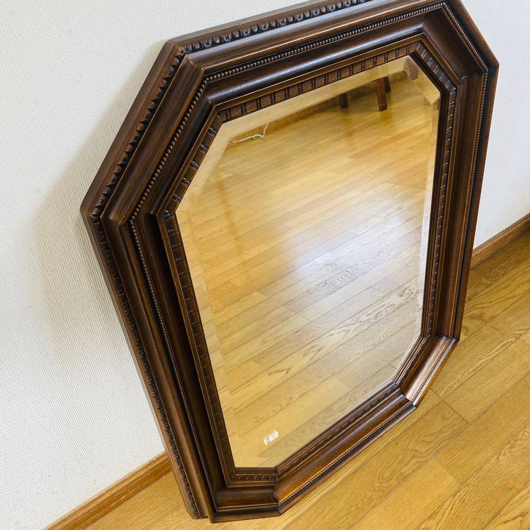 イタリア製　ミラー　姿見　ウォールミラー　木製フレーム　八角　面取り　特大サイズ