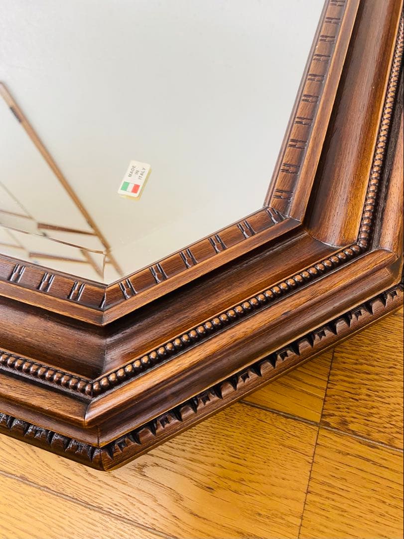 イタリア製　ミラー　姿見　ウォールミラー　木製フレーム　八角　面取り　特大サイズ