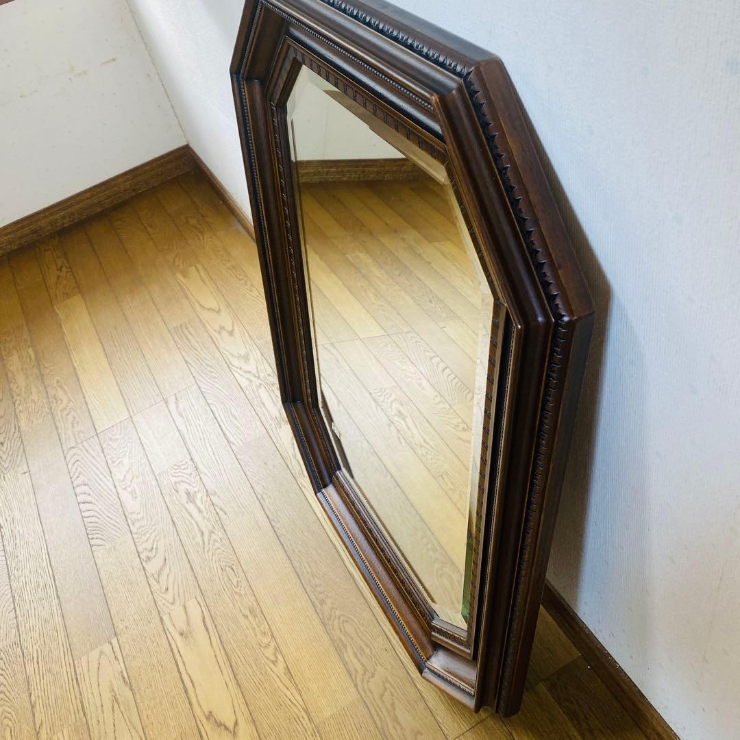 イタリア製　ミラー　姿見　ウォールミラー　木製フレーム　八角　面取り　特大サイズ