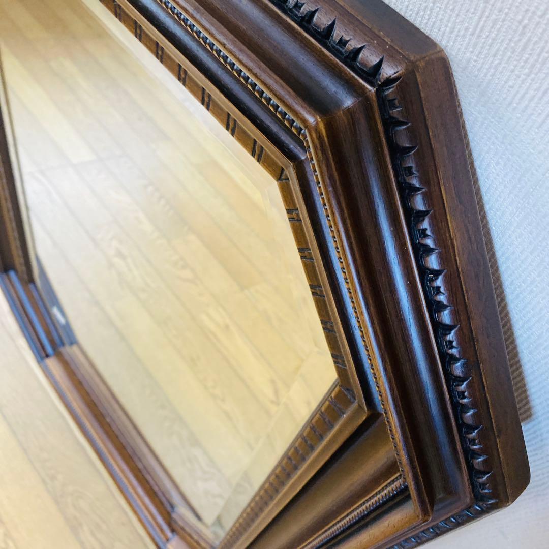 イタリア製　ミラー　姿見　ウォールミラー　木製フレーム　八角　面取り　特大サイズ