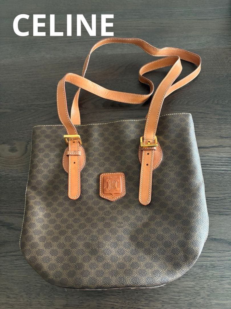 【美品】セリーヌ　トートバッグ　バケツ型　マカダム　トリオンフ　PVC　レザー