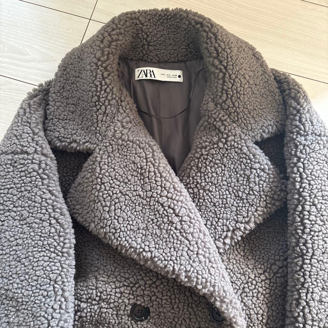 トモピン 　ZARA ボアダブルブレストロングコート グレー