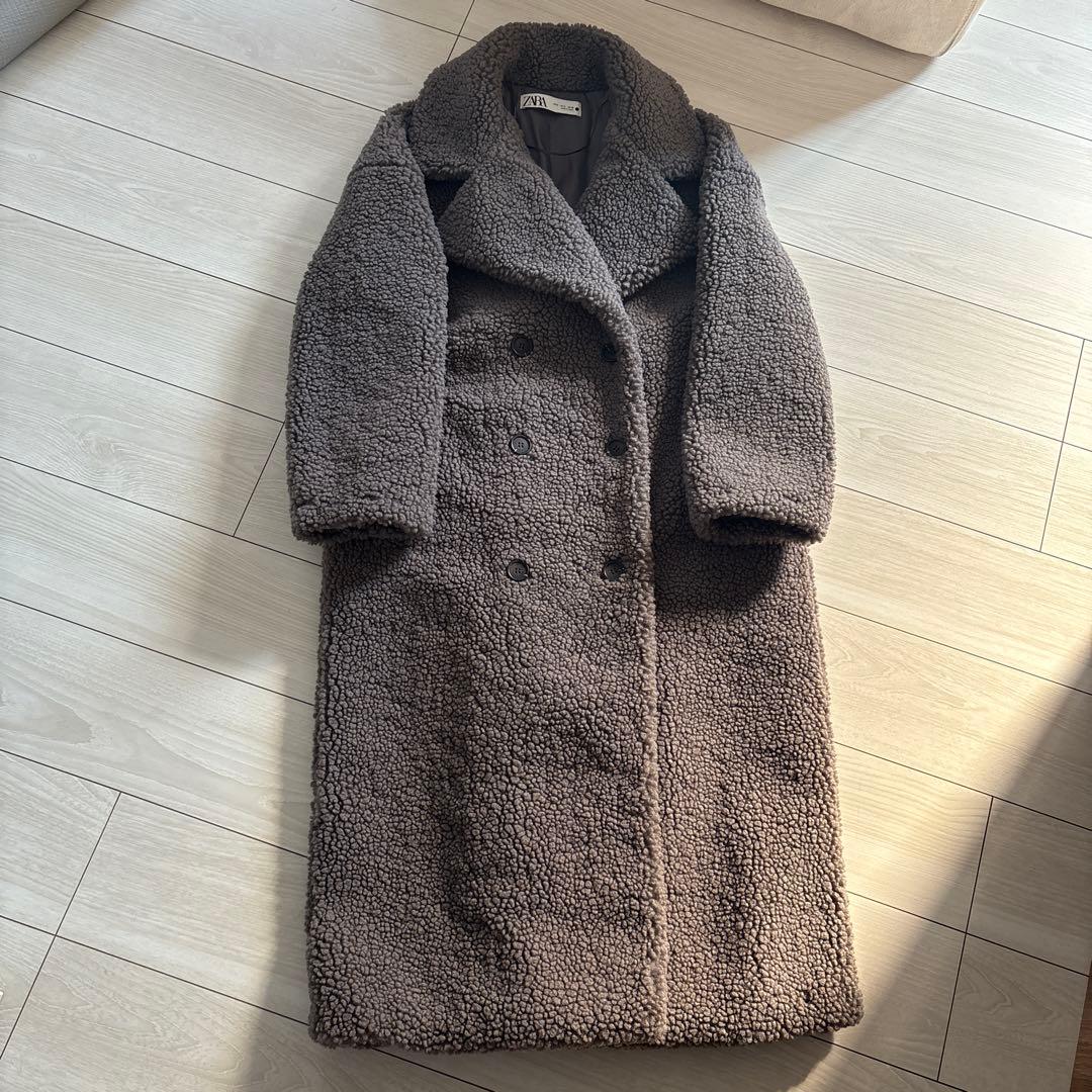 トモピン 　ZARA ボアダブルブレストロングコート グレー