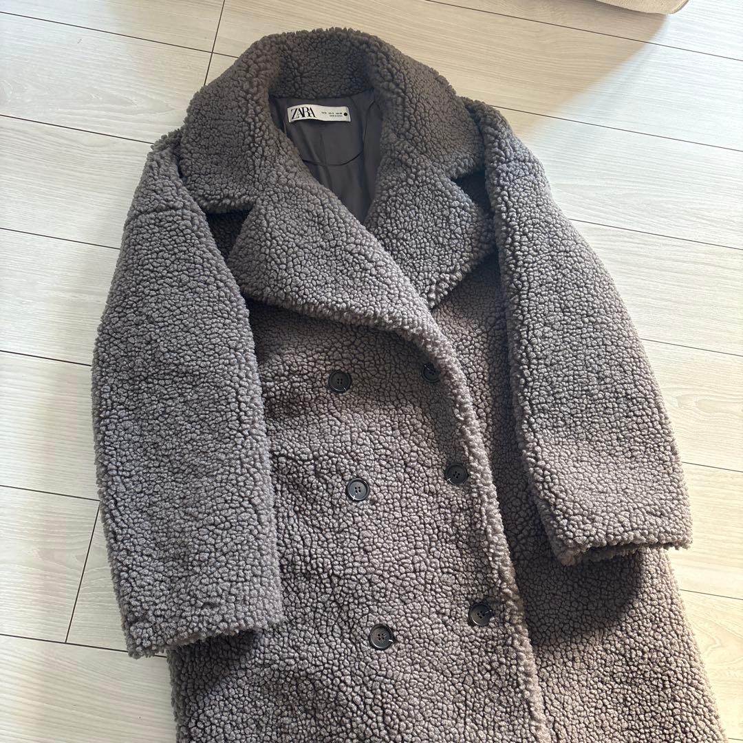 トモピン 　ZARA ボアダブルブレストロングコート グレー