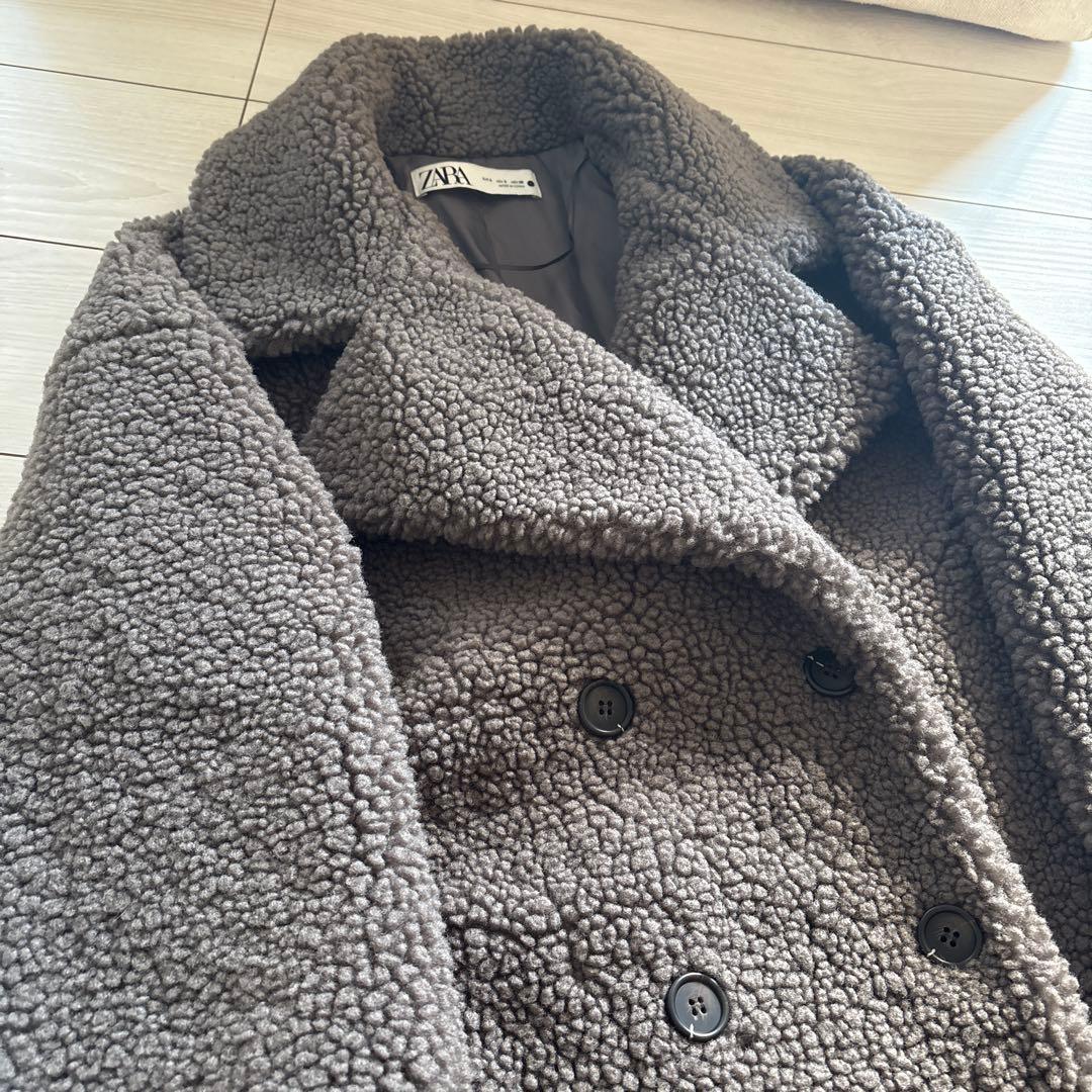 トモピン 　ZARA ボアダブルブレストロングコート グレー