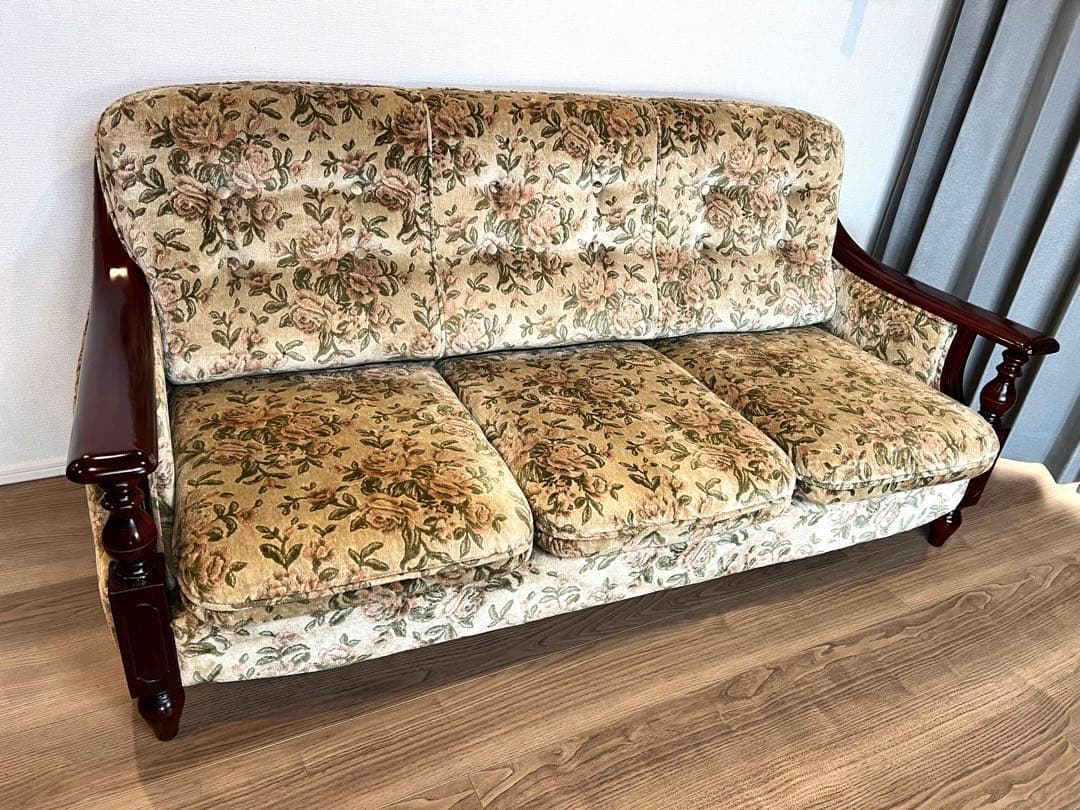 すずきさ！オールドカリモク 3Pソファ／花柄ファブリック／ヴィンテージ