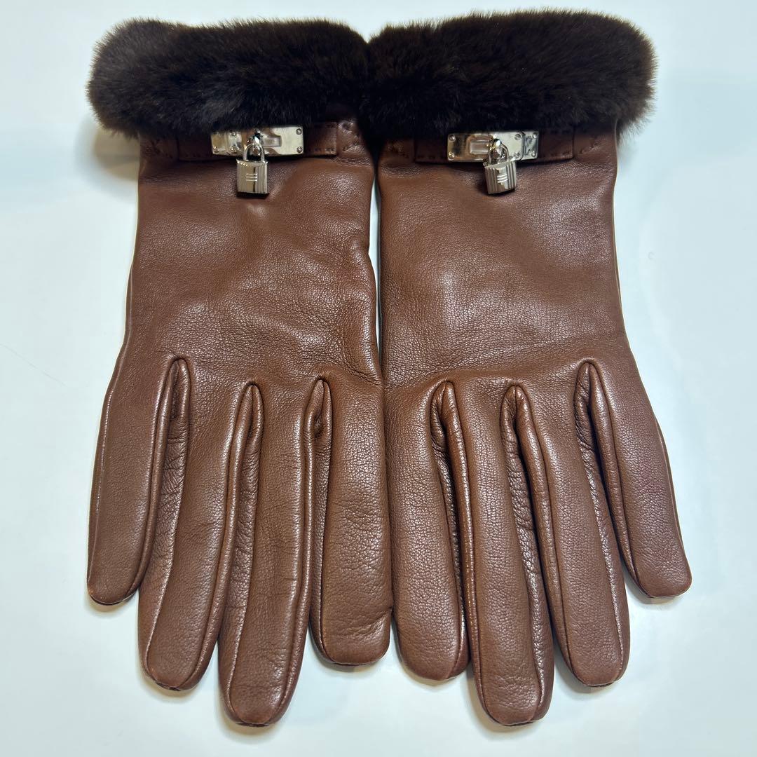 HERMES エルメス　ミンクファー付きグローブ　ケリー 茶　7