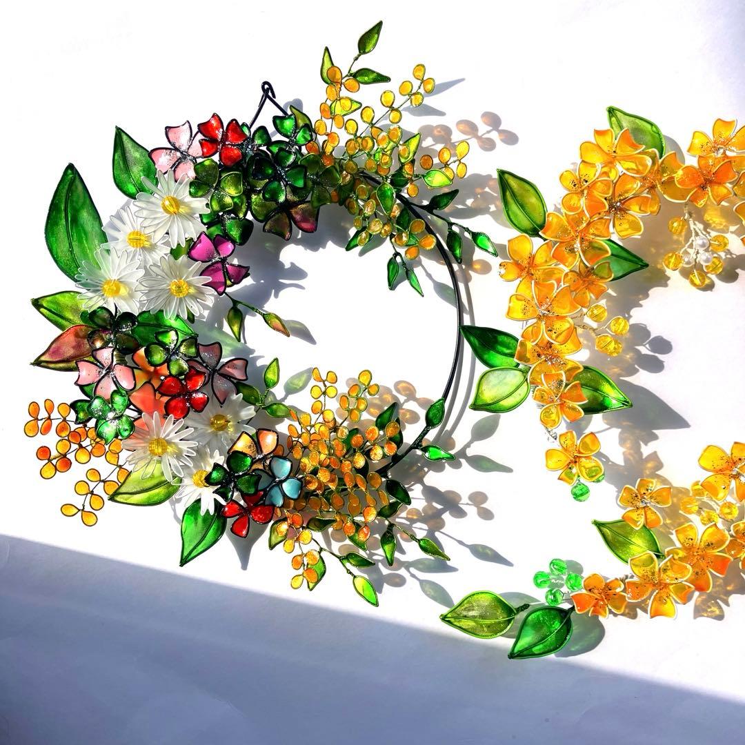 一点物　春　フラワーボタニカルリース　ワイヤークラフト　ディップアート　壁飾り