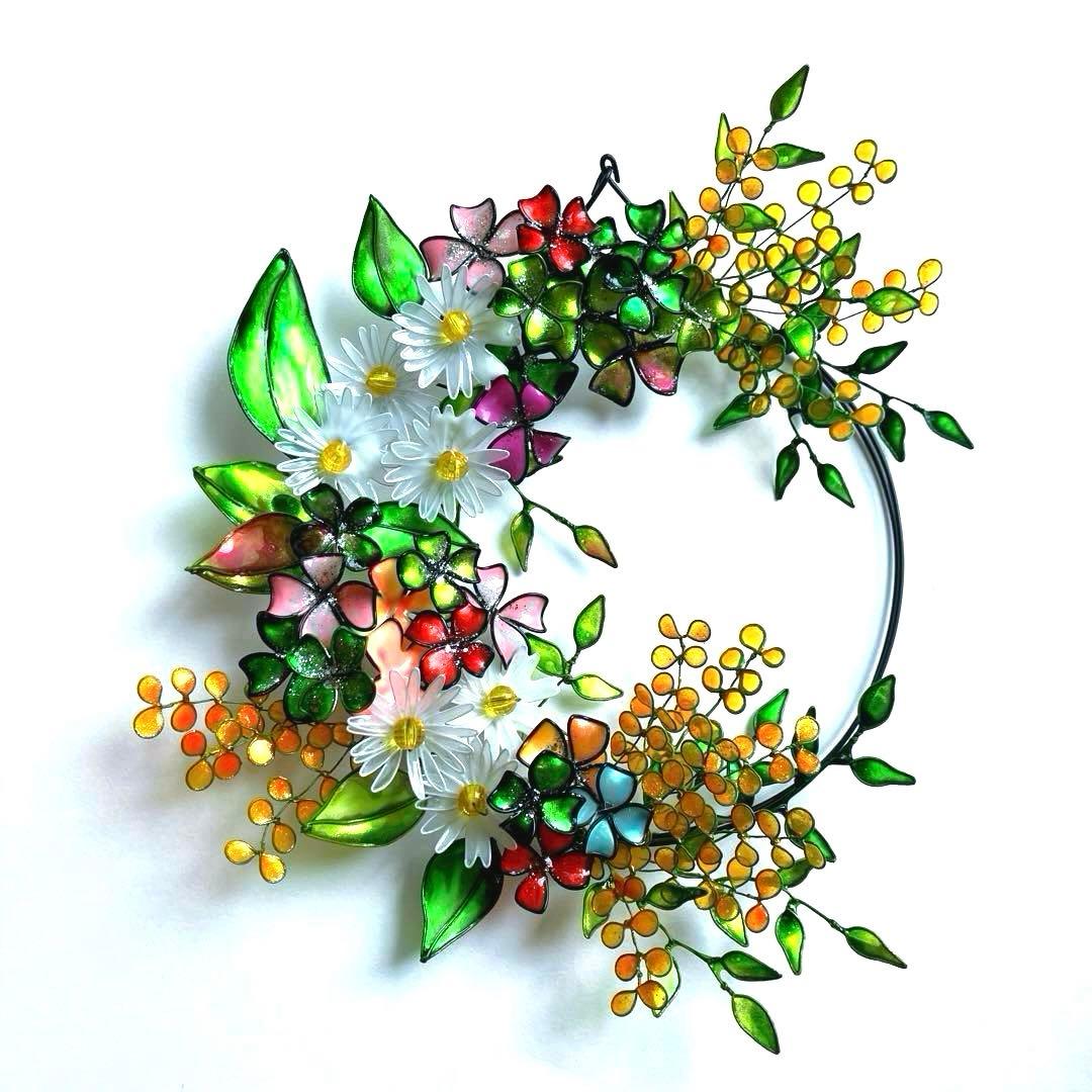 一点物　春　フラワーボタニカルリース　ワイヤークラフト　ディップアート　壁飾り