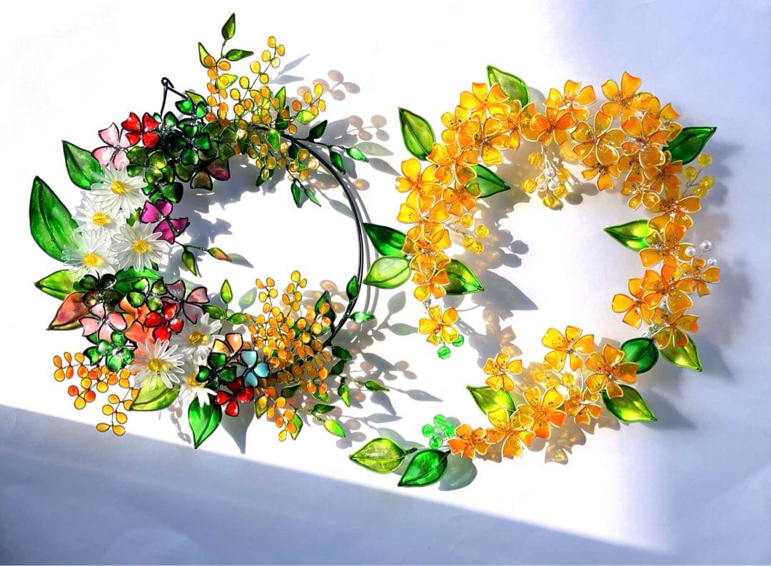 一点物　春　フラワーボタニカルリース　ワイヤークラフト　ディップアート　壁飾り