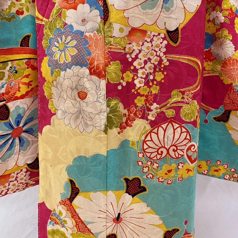 510ag25◎七五三 七歳 女児 アンティーク着物&袋帯&長襦袢 総柄◎