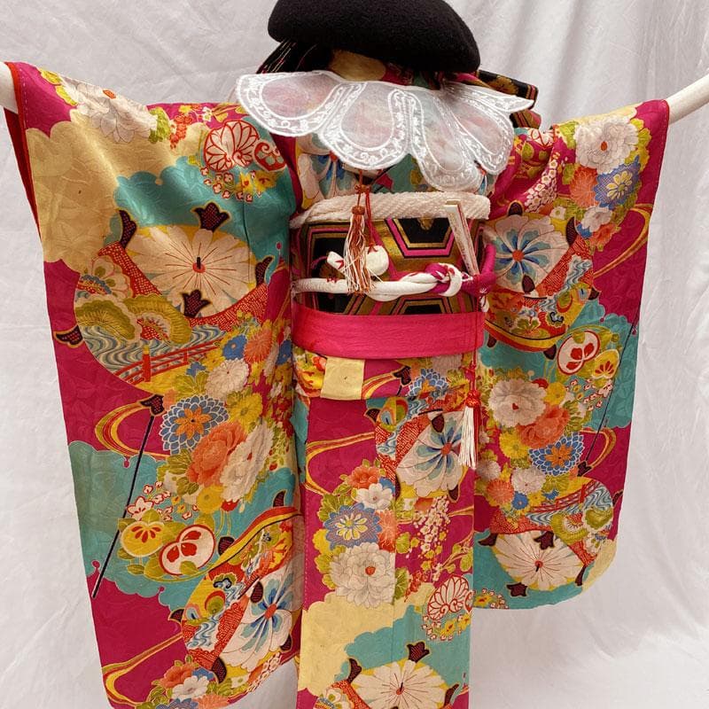 510ag25◎七五三 七歳 女児 アンティーク着物&袋帯&長襦袢 総柄◎