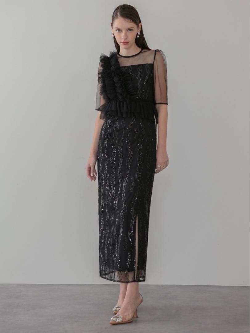 アシンメトリーフリルチュールIラインワンピースドレス結婚式二次会パーティー成人式