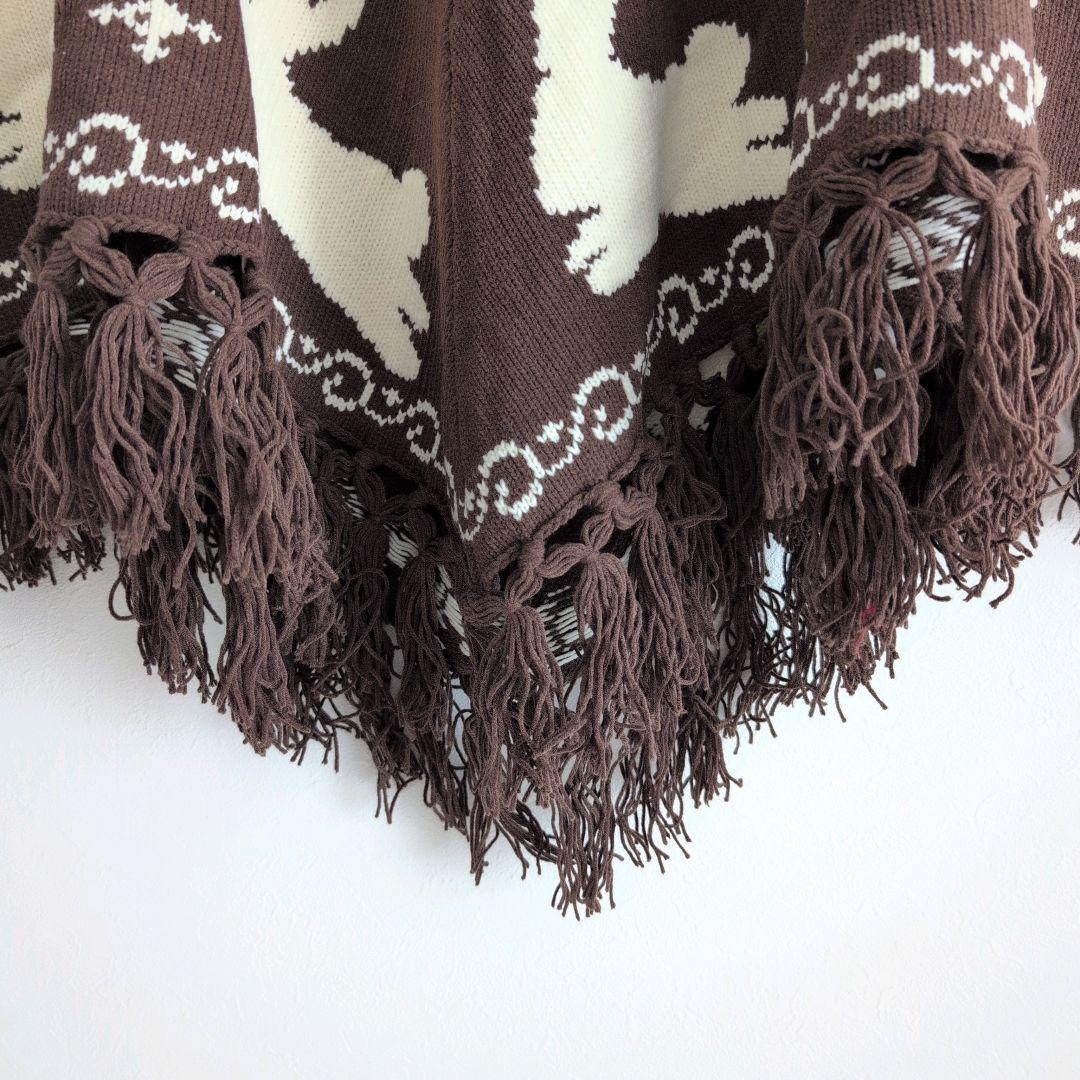 ピンクハウス ブラウン フリンジ ニット ポンチョ フード付き うさぎ