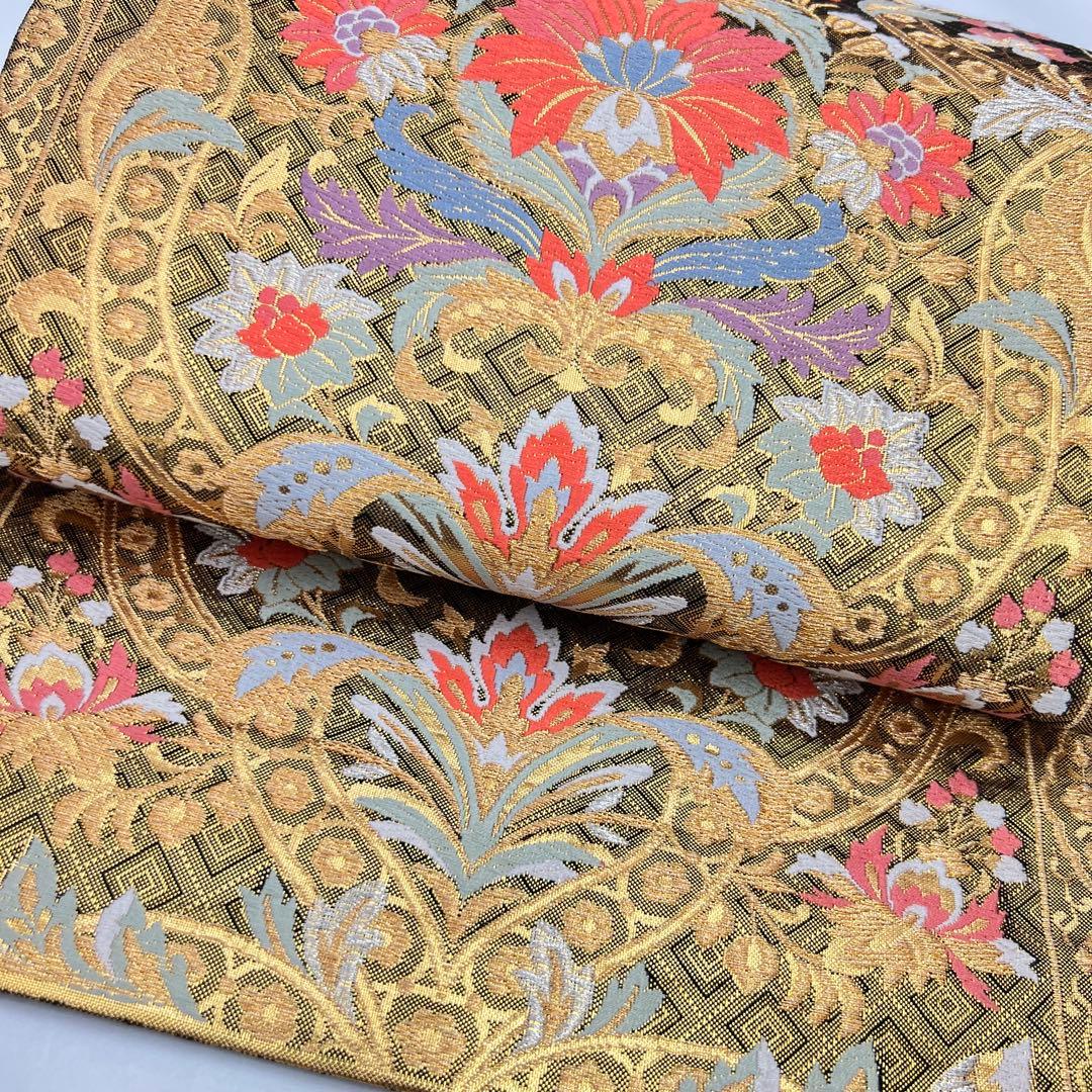 正絹　6通袋帯　裏面全通　宝飾唐華文様　佐賀錦