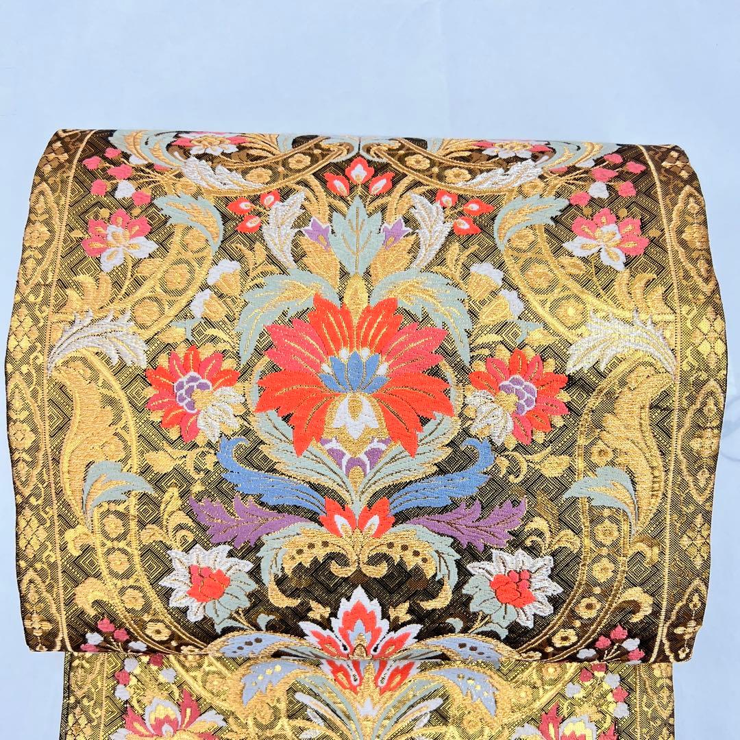 正絹　6通袋帯　裏面全通　宝飾唐華文様　佐賀錦