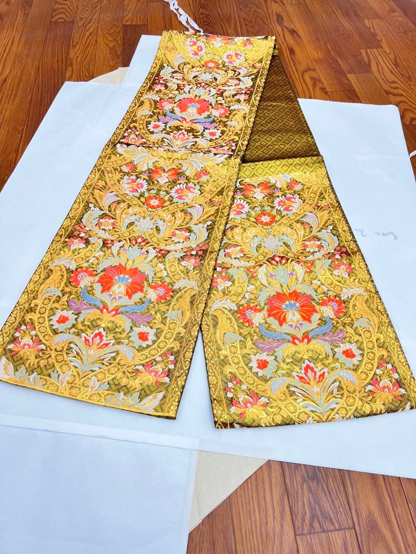 正絹　6通袋帯　裏面全通　宝飾唐華文様　佐賀錦